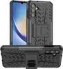 A black protective phone case with a tire tread pattern and a kickstand is shown from multiple angles. Produktbild-Vorschau