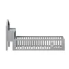 A side view of a gray wooden children's bed with a built-in storage unit and a door. Voir les images du produit