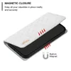 A white quilted flip phone case is shown open, revealing a black phone inside. Red arrows indicate magnetic closure points, and a magnet icon with text highlights the built-in magnet feature. Produktbild-Vorschau