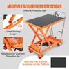 A hydraulic scissor lift table with multiple security features highlighted. Voir les images du produit