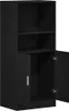 A black wooden cabinet with two shelves and two doors, one of which is open. Anteprima dell’immagine prodotto