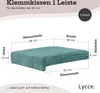 A teal colored cushion with dimensions and text overlays indicating its features and size. Anteprima dell’immagine prodotto