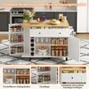 A kitchen island cart with various storage compartments, including wine racks, drawers, and shelves, is shown in a kitchen setting. The image also includes close-up views of specific features. Podgląd zdjęcia produktu