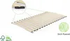 A wooden bed frame with a close-up detail of the slatted support system. Produktbild-Vorschau