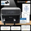 A black air fryer with a digital display, surrounded by certifications, awards, and customer testimonials. Anteprima dell’immagine prodotto