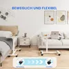 Two adjustable C-shaped tables are shown in a living room and bedroom setting, one next to a bed and the other next to a sofa. Produktbild-Vorschau
