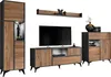 A set of modern living room furniture, including a tall cabinet, a TV stand with a television, and a side cabinet, all with a wood and dark metal finish. Náhľad obrázku produktu