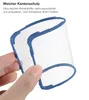 A hand holding a flexible blue-rimmed transparent phone case. Produktbild-Vorschau