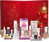 An open advent calendar filled with various beauty products, presented against a festive red and gold background with sparkling lights and ornaments. Produktbild-Vorschau