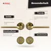 A marketing image showcasing a bronze-colored door handle set with descriptive text highlighting its features. Produktbild-Vorschau