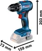 A Bosch cordless drill with dimensions indicated. Voir les images du produit