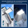 A split image showing a solar street light mounted on a house wall, first during the day and then at night. Produktbild-Vorschau