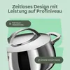 A close-up of a stainless steel pot with text overlays highlighting its features. Produktbild-Vorschau