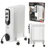 A white oil-filled radiator with black controls and wheels, shown from the front and side. A product box is also visible in the background. Náhled obrázku produktu