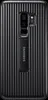 The back of a black Samsung phone case with vertical ridges and a built-in kickstand. The Samsung logo is visible on the kickstand. Produktbild-Vorschau