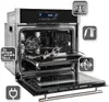 A modern built-in oven with its door open, showcasing its interior and various features highlighted by icons. Produktbild-Vorschau