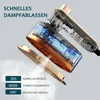 Close-up promotional image of a handheld garment steamer with text overlays highlighting its features. Produktbild-Vorschau