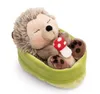 A plush toy hedgehog sleeping in a green basket with a mushroom. Produktbild-Vorschau