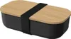 A black lunchbox with a wooden lid and a black elastic strap. Produktbild-Vorschau