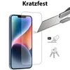 A screen protector is shown being applied to an iPhone, with a knife demonstrating its scratch resistance. Produktbild-Vorschau