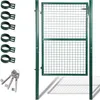 A green metal garden gate with posts and accessories, including clips and keys, displayed against a white background. Podgląd zdjęcia produktu