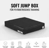 A black soft jump box for plyometric training, with text and icons describing its features. Produktbild-Vorschau