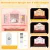 A pink children's vanity table with a tri-fold mirror and LED lights, shown with different lighting modes and a remote control. Produktbild-Vorschau