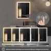 A bathroom mirror with LED lighting is shown with different light settings and a hand touching a control panel. Náhled obrázku produktu