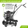 A detail shot of a gasoline-powered tiller against a white background, with overlaid text describing its features. Produktbild-Vorschau