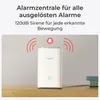 A white Reolink hub device is shown on a wooden surface with red alarm graphics emanating from it. Produktbild-Vorschau
