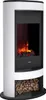 A white electric fireplace with a black frame and a display of burning logs. It has a storage compartment for firewood at the bottom. Produktbild-Vorschau