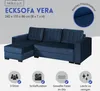 A navy blue sectional sofa is shown with text overlays and icons highlighting its features. Produktbild-Vorschau
