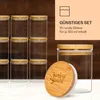 A collection of glass jars with bamboo lids, with marketing text on the right side. Produktbild-Vorschau