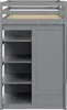 A grey loft bed with shelves and a cabinet is shown from the side. Náhled obrázku produktu