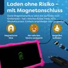 A pink tablet is shown connected to a charger via a magnetic cable. The image also features marketing text and icons highlighting the product's features. Produktbild-Vorschau