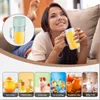 A woman is lying on a couch, holding a portable blender with a yellow smoothie. Below are several smaller images showcasing different drinks and baby food that can be made with the blender. Produktbild-Vorschau