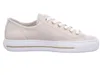 A side view of a single beige sneaker with white laces and gold eyelets, set against a white background. Produktbild-Vorschau