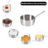 A stainless steel saucepan with a handle, surrounded by smaller circular images showing different food items in similar containers. Produktbild-Vorschau