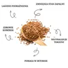 A pile of flax seeds on a wooden spoon surrounded by text and arrows indicating benefits. Podgląd zdjęcia produktu