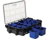 An open black organizer case with multiple blue compartments and a clear lid showing more compartments. Náhled obrázku produktu