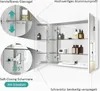 A white bathroom cabinet with mirrored doors, showing internal shelves and features. Voir les images du produit