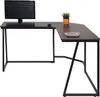 A dark brown L-shaped desk with a black metal frame, shown from a slightly elevated angle against a white background. A computer monitor, keyboard, mouse, and a small potted plant are on the desk. Náhled obrázku produktu
