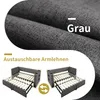 A close-up of grey fabric and a diagram showing the interchangeable armrests of a sofa bed. Podgląd zdjęcia produktu