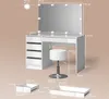 A diagram showing the dimensions of a white vanity table with LED lights and a stool, along with separate diagrams of drawers. Produktbild-Vorschau