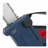Close-up view of a blue mini chainsaw with a black cap and a red logo. Produktbild-Vorschau