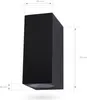 A black cube-shaped outdoor wall light with dimensions indicated. Produktbild-Vorschau