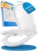 A white toilet seat with its lid open, showing an instruction sheet and a blue base. A blue tag with text hangs from the lid, and a blue and yellow box is visible in the background. Produktbild-Vorschau