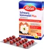 A box of Abtei Schwarzkümmelöl Plus with Vitamin E capsules and a blister pack of capsules. Produktbild-Vorschau