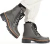 A pair of gray Rieker women's ankle boots with a platform sole and side zippers, worn with white pants and black socks. Produktbild-Vorschau