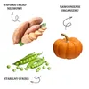 An arrangement of sweet potatoes, peas, and a pumpkin, with Polish text indicating health benefits. Podgląd zdjęcia produktu